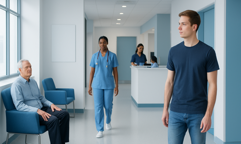 Young man waiting in hospital corridor with medical staff nearby.