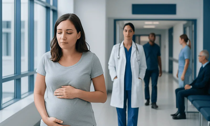Pregnant woman experiencing discomfort in hospital corridor.