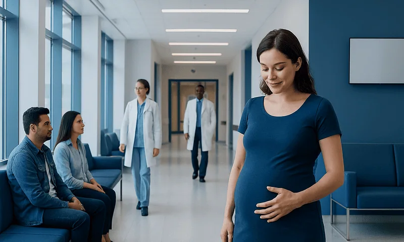 Pregnant woman in hospital corridor with medical staff and visitors.