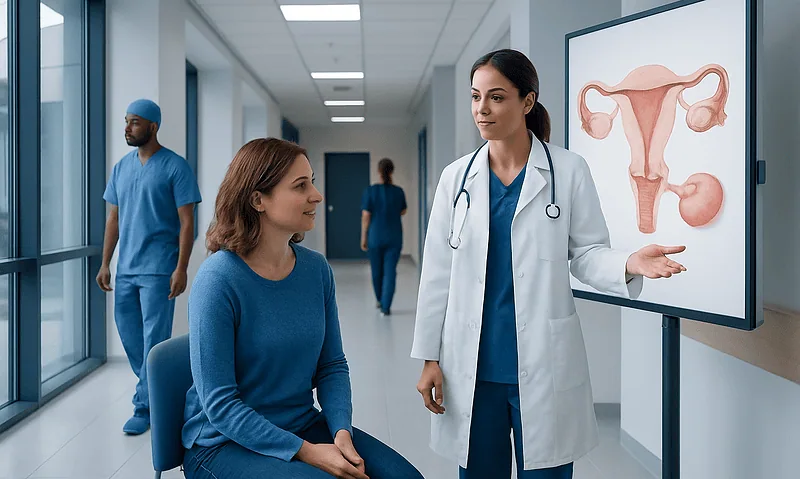 Doctor explaining ovarian anatomy to patient in hospital corridor.