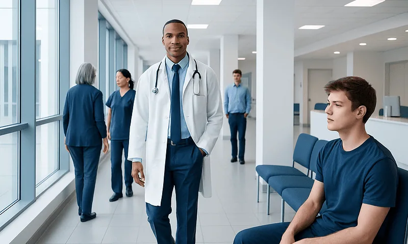 Medical professional walking in hospital corridor with patients and staff.