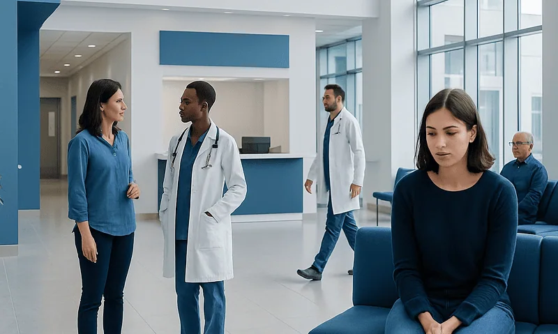 Patients and doctors in a modern hospital lobby.