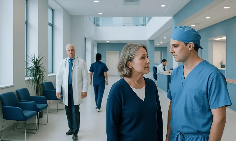 Doctor and patient discussing in hospital corridor with medical staff in background.