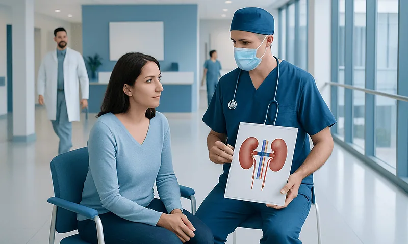 Surgical removal of kidney stones: A Complete Medical Guide for Patients 2 Urologist explaining kidney anatomy to patient in hospital corridor.