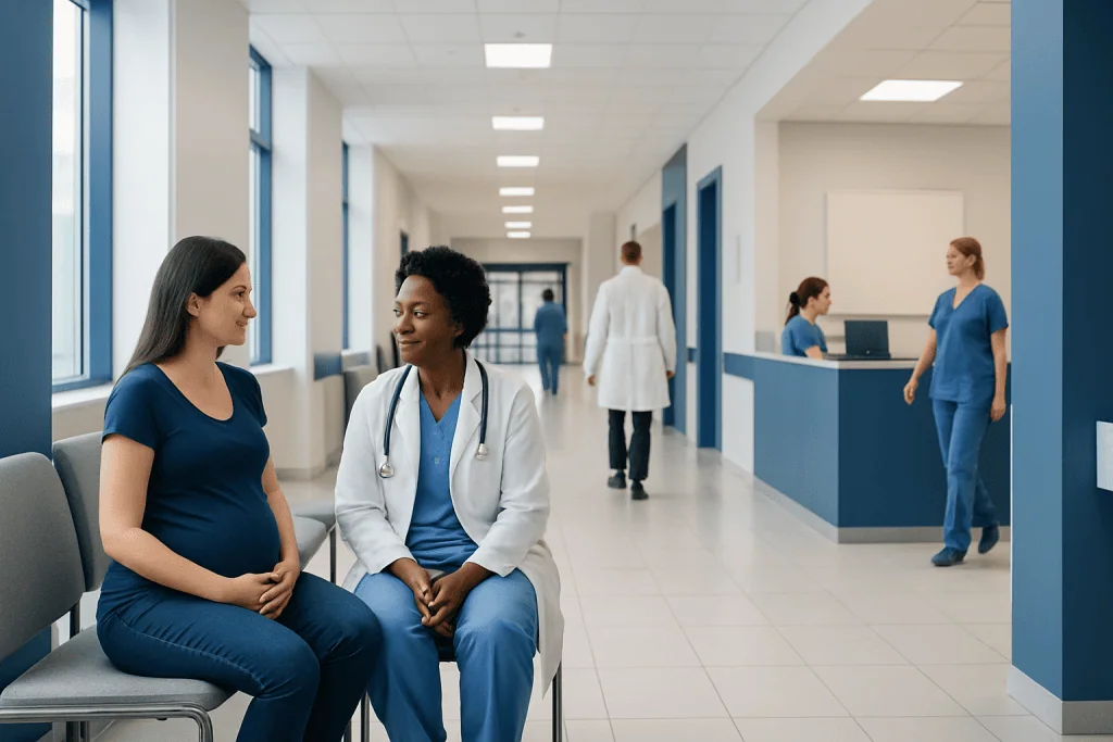 When Will the Placenta Form? A Doctor-Reviewed Answer 1 Pregnant woman consulting with a healthcare professional in a hospital corridor.
