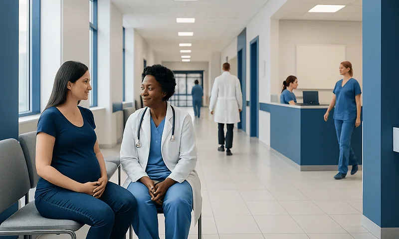 Pregnant woman consulting with a healthcare professional in a hospital corridor.