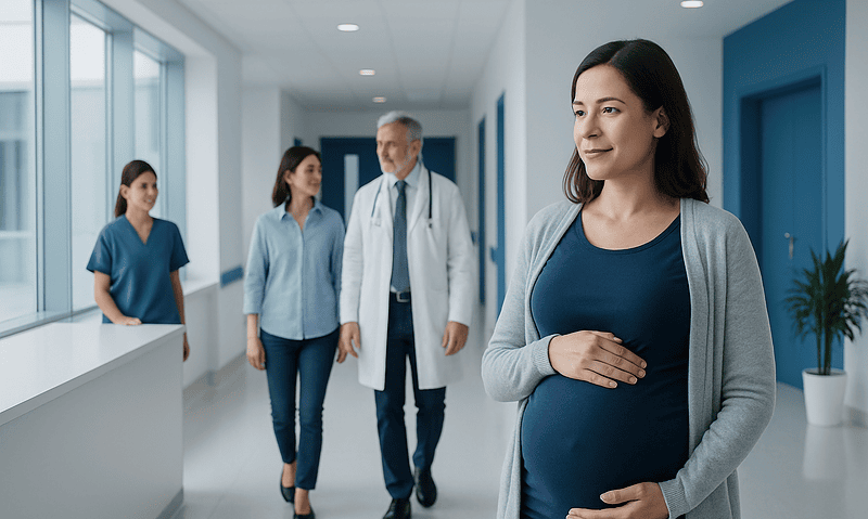 Pregnant woman at hospital with medical staff and doctor in background.