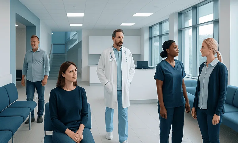Medical team in hospital waiting area with doctor and nurses.