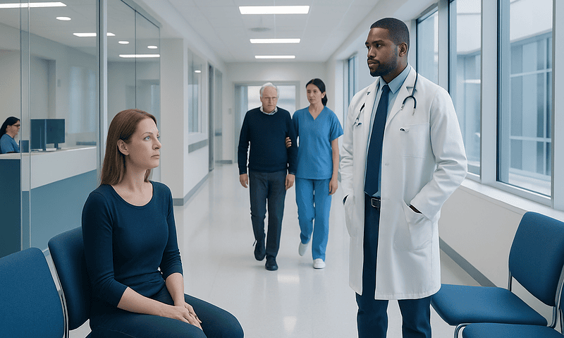 Doctor consulting a patient in a hospital corridor.