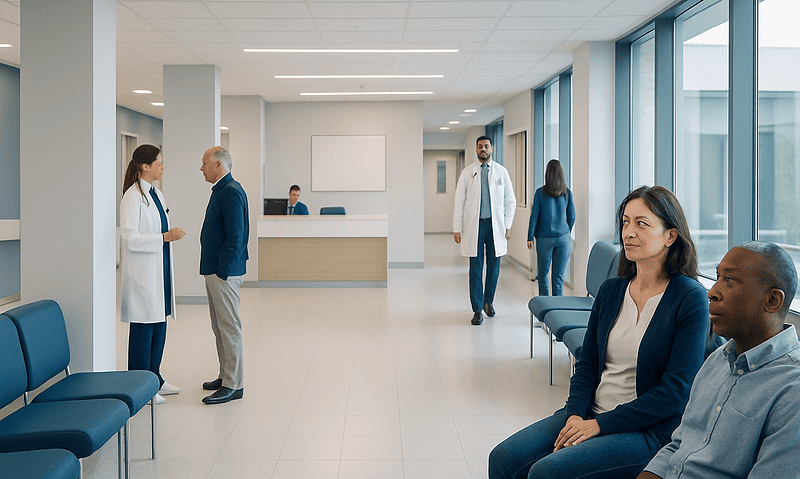 Modern hospital waiting area with doctors and patients at Acibadem Hospitals Group.