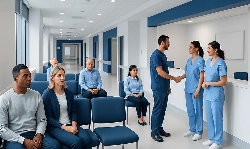 Hospital waiting area with patients and healthcare staff.