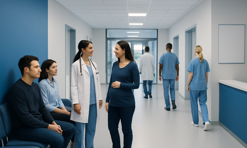 Healthcare professionals and patients in a hospital corridor at Acibadem Hospitals Group.