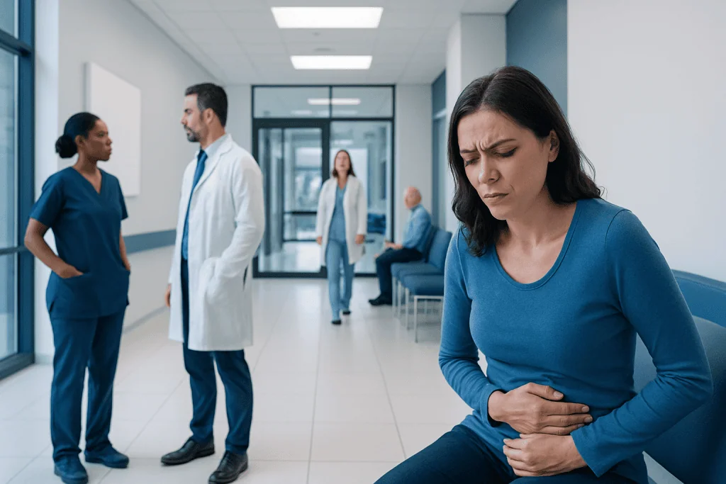 Woman Gas Pain Locations: Common Causes, Related Conditions, and When to See a Doctor 1 Woman with stomach pain in hospital corridor, healthcare professionals nearby.
