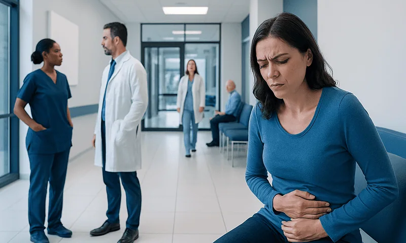 Woman Gas Pain Locations: Common Causes, Related Conditions, and When to See a Doctor 4 Woman with stomach pain in hospital corridor, healthcare professionals nearby.