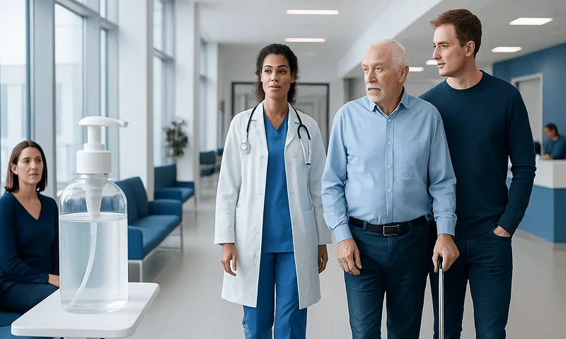 Healthcare professionals and patient in hospital corridor with hand sanitizer.