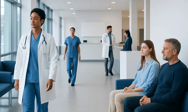 Medical professionals and patients in a modern hospital waiting area.