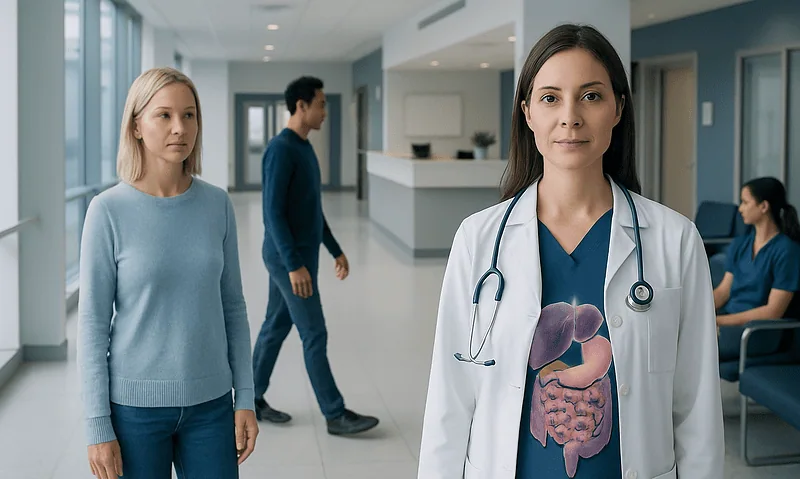 Doctor with stethoscope in hospital corridor with patients.