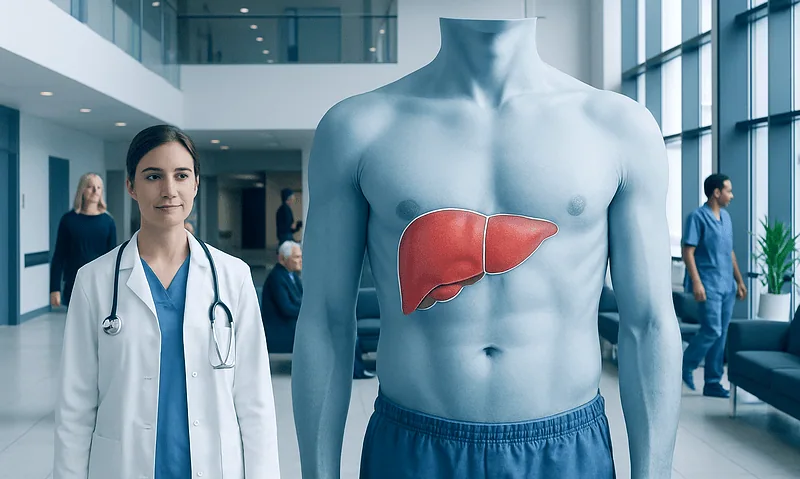 Medical illustration of the liver's location in the human body.
