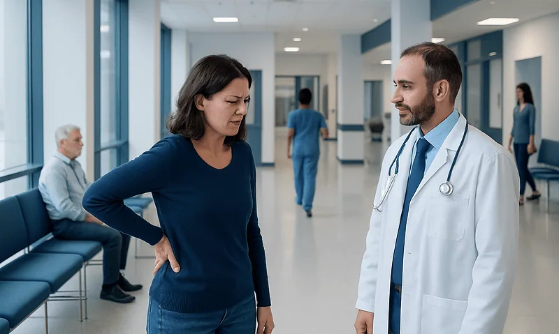 Health Library 17 Woman experiencing back pain in hospital corridor with doctor nearby.