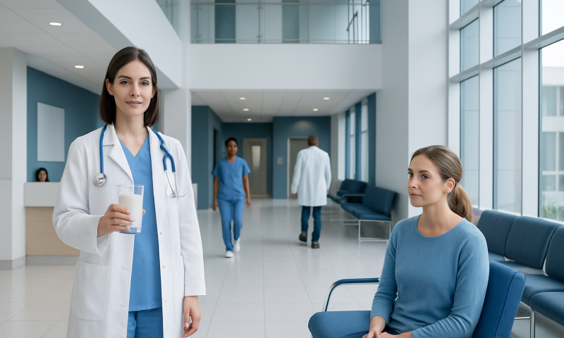 Healthcare professionals and patient in modern hospital lobby.