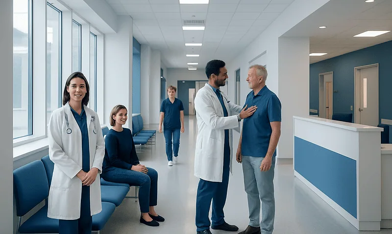 Medical professionals consulting with a patient in a hospital corridor.
