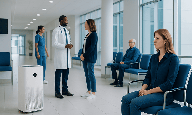 Hospital waiting area with medical staff and patients at Acibadem Hospitals Group.