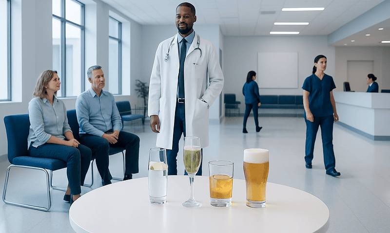 Doctor with alcoholic beverages in hospital waiting area.