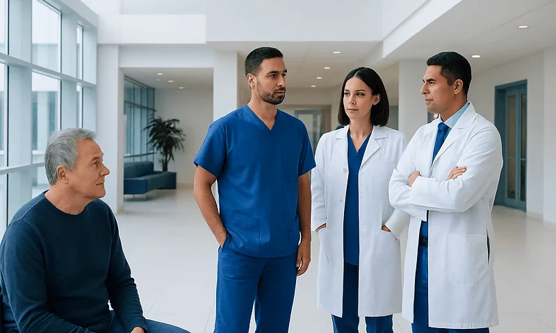 Medical team consulting with patient in hospital corridor.