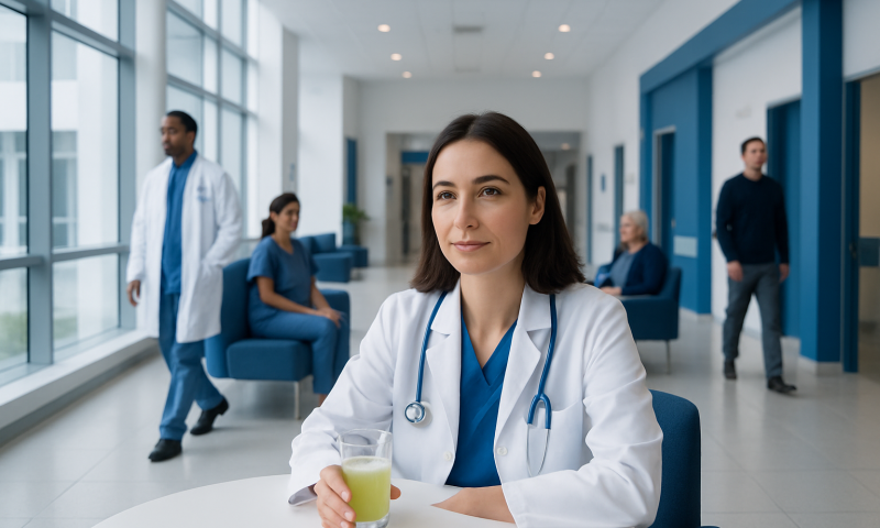 Healthcare professionals in a modern hospital corridor with a female doctor in the foreground.