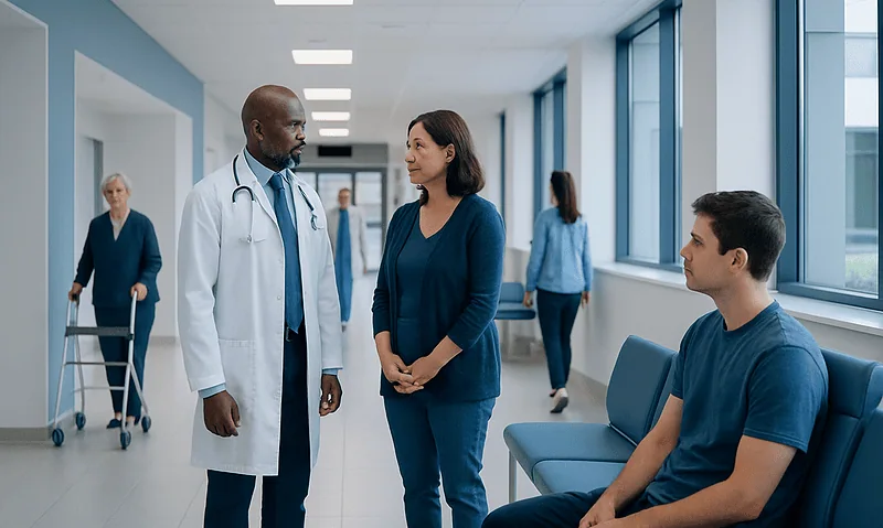 Doctor consulting with a patient in a hospital corridor.