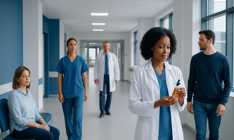 Healthcare professionals in a hospital corridor with a patient and staff.