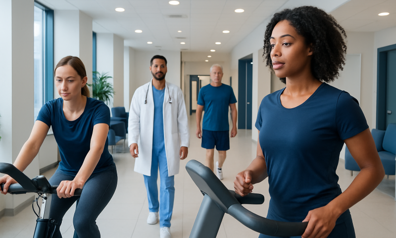 Women exercising on cardio machines at Acibadem Hospital.