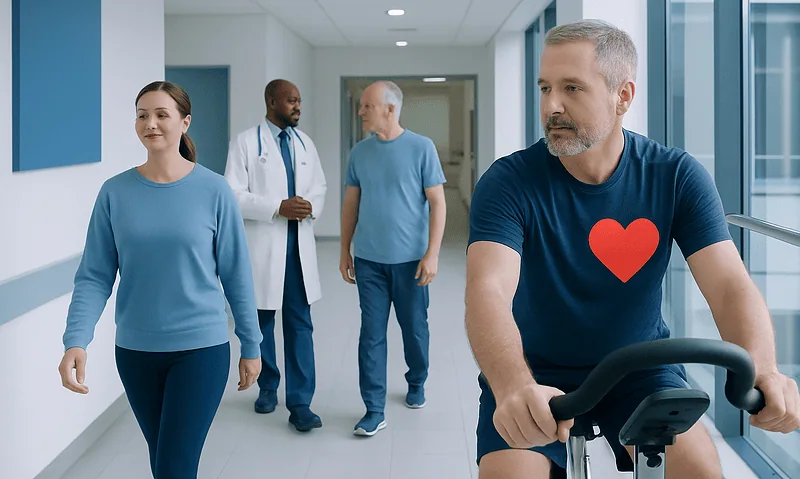 Best Exercises for Heart Health: A Complete Medical Overview 7 Man exercising on stationary bike in hospital corridor with medical staff nearby.