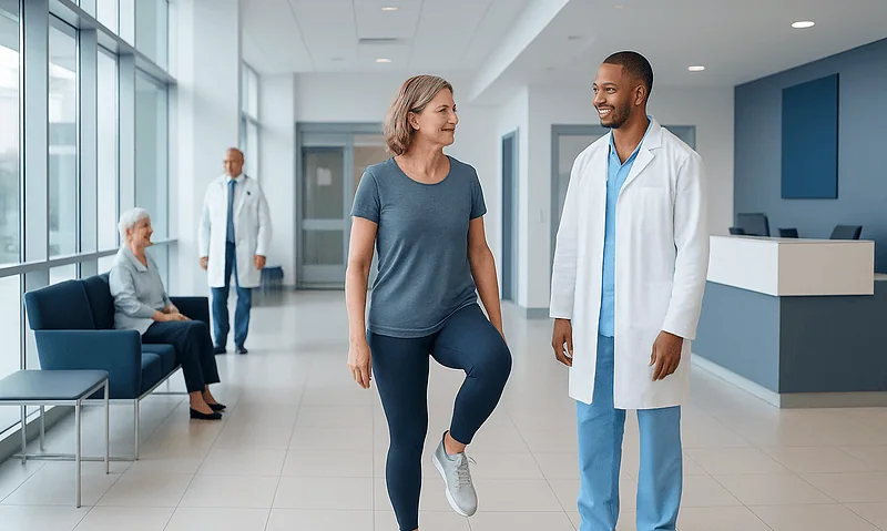 Patient doing balance exercise with healthcare professional in hospital corridor.