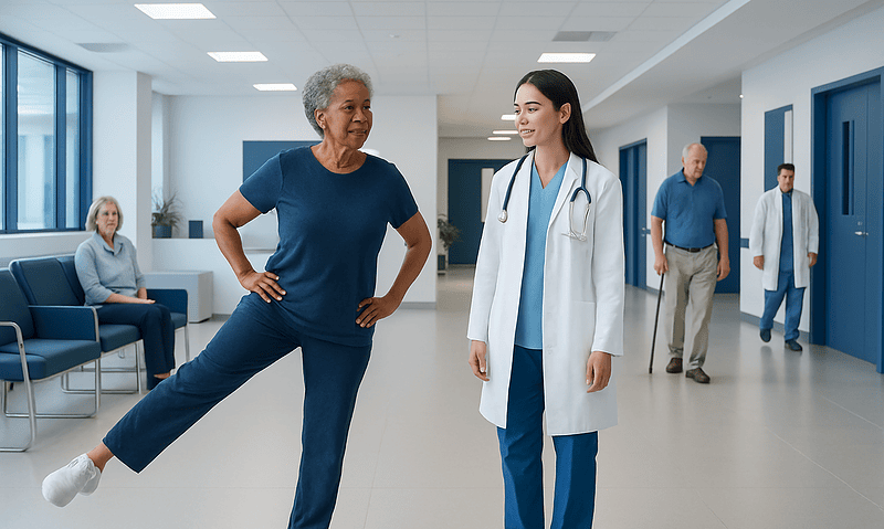 Elderly woman doing leg stretch with healthcare professional in hospital corridor.