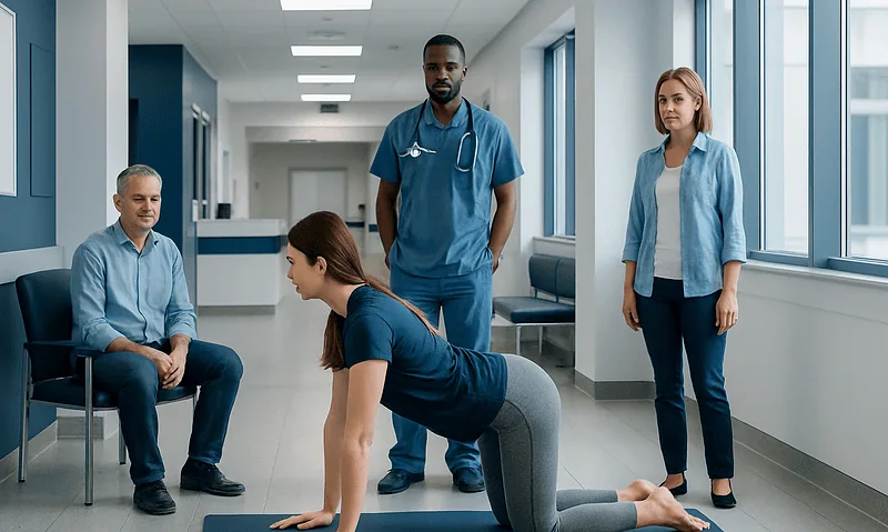 Physical therapy session with healthcare professionals and patient in hospital corridor.