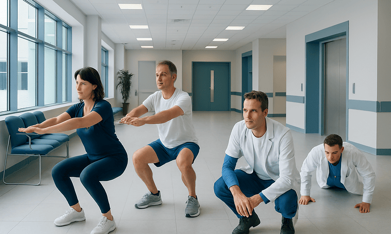 Best Exercises Without Equipment — Explained by Medical Evidence, Not Myths 9 Group of people doing stretching exercises in a hospital corridor.