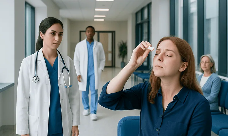 Patient experiencing eye discomfort in a hospital corridor with medical staff nearby.