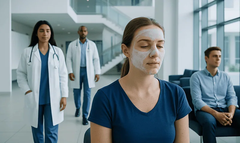 Patient with facial mask in a hospital waiting area with medical staff nearby.