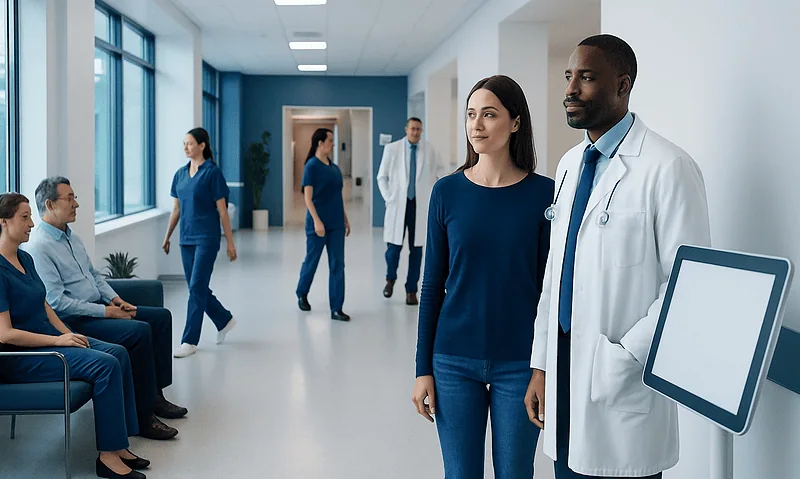 Healthcare professionals and patients in a modern hospital corridor.