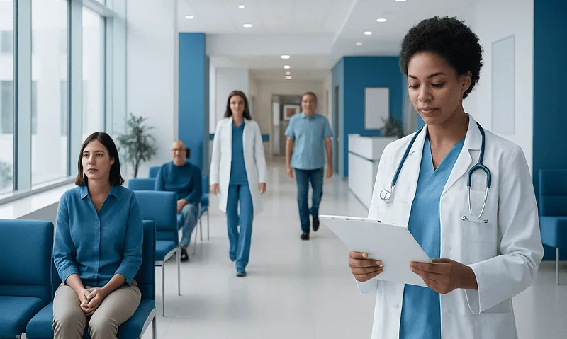 Healthcare professionals and patient in a modern hospital corridor.
