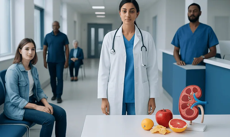 Medical team with kidney health models in hospital corridor.