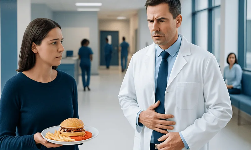 Doctor explaining dietary advice to a woman holding a burger and fries.