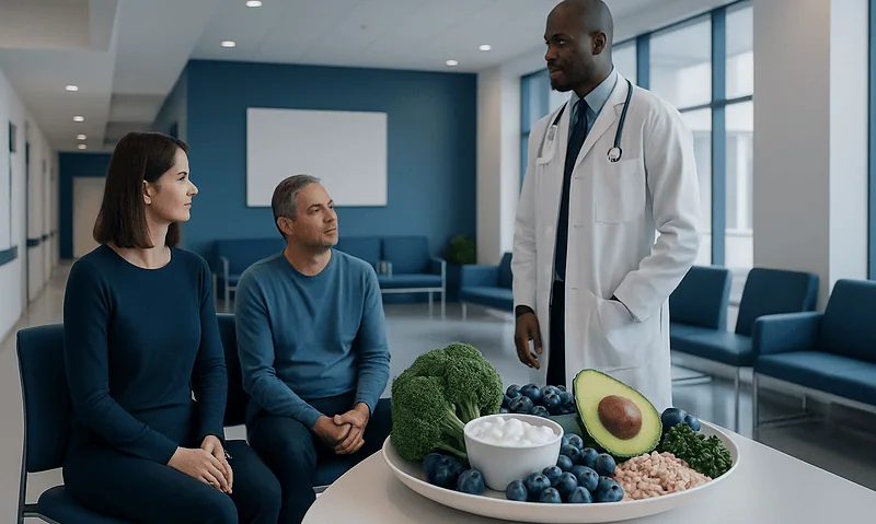 Doctor discussing healthy foods with patients in a hospital setting.