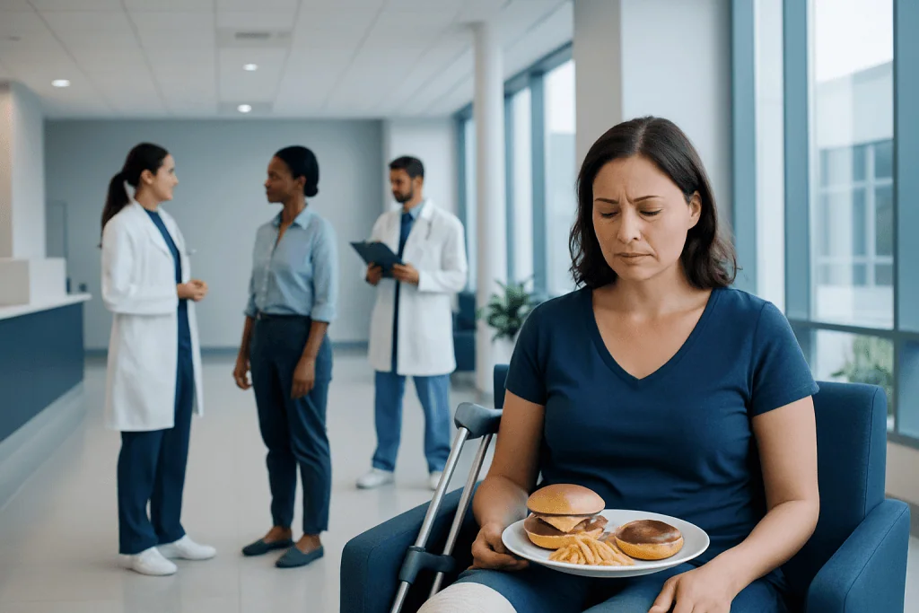 Foods to avoid with broken bones: An Evidence-Based Guide From Clinical Nutrition 1 Woman in hospital waiting area with a plate of fast food, looking upset.
