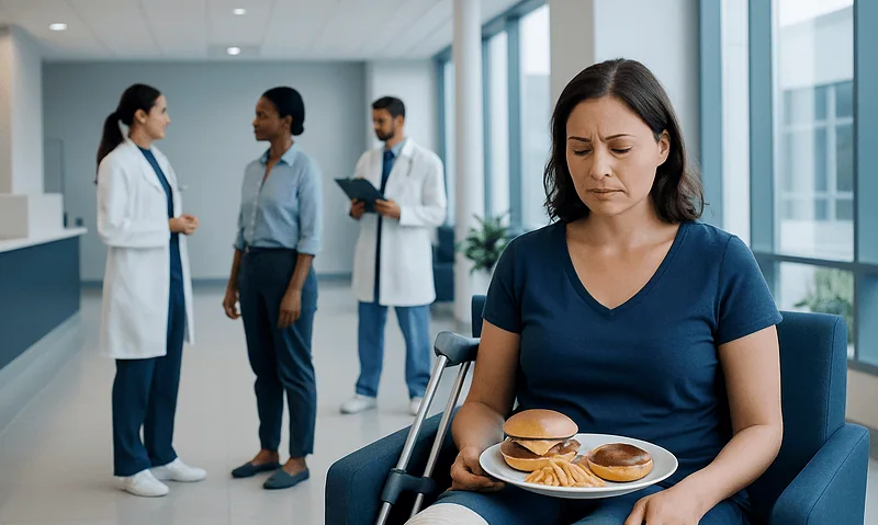 Woman in hospital waiting area with a plate of fast food, looking upset.