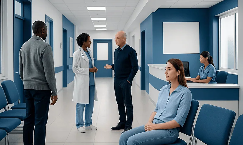 Medical professionals and patients in a hospital corridor.