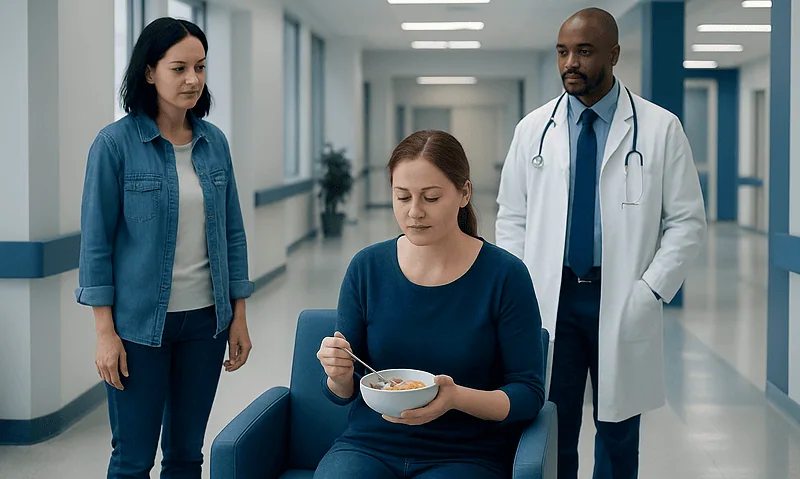 Patient eating soup with medical staff in hospital corridor.