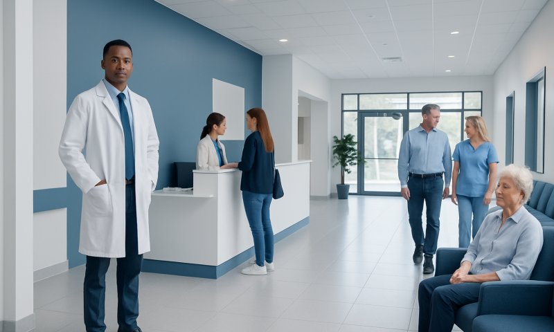 Modern hospital reception area with medical staff and patients.