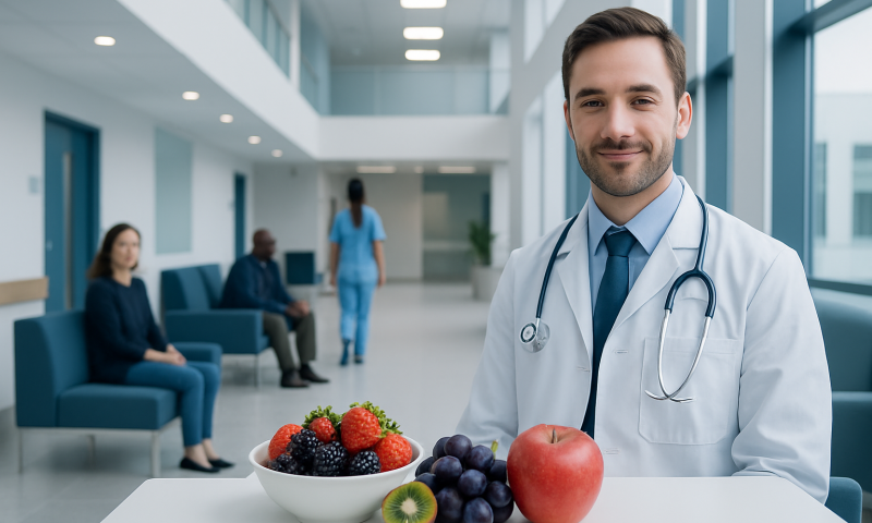Doctor with a bowl of fruits in a hospital lobby for health and nutrition.